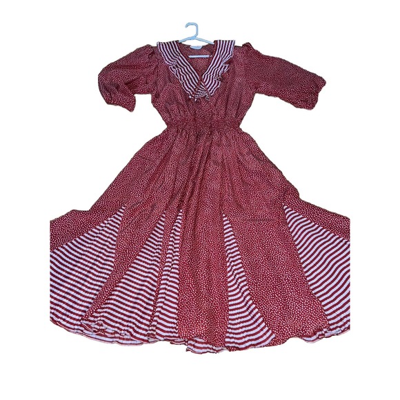 Vintage Assorti For Susan Freis Red/White Dress Pleated Flowy Ruffle 80s‎ S/M - Picture 1 of 16